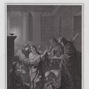 Nicodemus brings the Crown of Thorns into the assembly of young people (engraving)