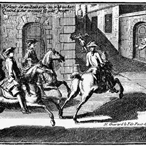 Night thief pursued by the watchman - engraving, 18th century, Bibl. des Arts deco