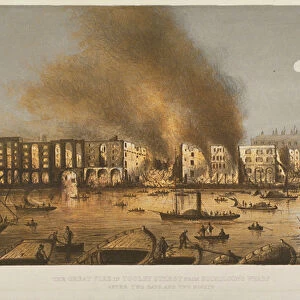 Night time view of the 1861 fire in Tooley Street, Bermondsey, 1861 (colour litho)