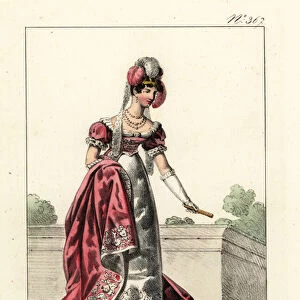 Noble woman in court costume, era of King Louis XVIII. 1825 (lithograph)