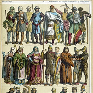 Norman and Anglo-Norman civil, religious and warriors costumes (1066-1200) - engraving