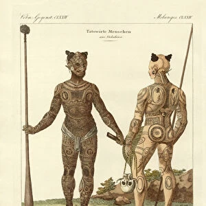 Nukahiwans with different tattoos (coloured engraving)