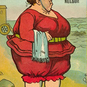 Obese woman in swimming costume (colour litho)