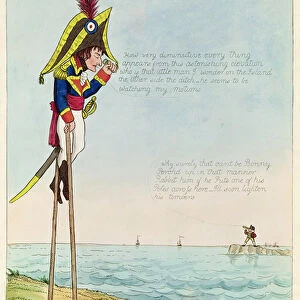 Observations Upon Stilts, caricature of Napoleon standing on stilts observing Pitt