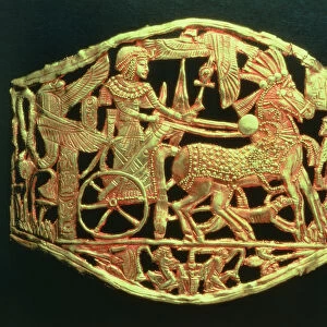 Openwork plaque or buckle showing the kings triumphal return with prisoners
