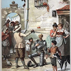 Outside an inn, Don Quixote becoming knight - Illustration of Jules David (1808-1892