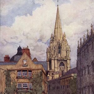 Oxford: St Marys Church from the Corner of Oriel Street and Merton Street, with Oriel College on the Right (colour litho)
