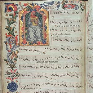Page of musical notation with historiated initial, from the Squarcialupi Codex, produced at the Florentine monastery of S. Maria degli Angeli (vellum)