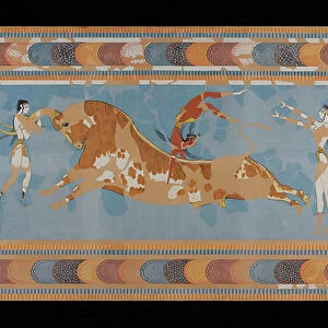 Painting of the restored Taureador Fresco from the Palace of Minos at Knossos (Evans Fresco Drawing N/4), 1900-50 (paper, pigment)