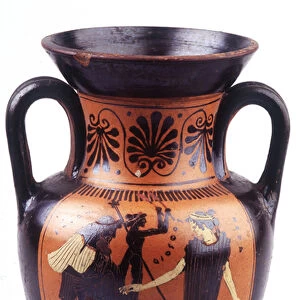 Painting on vase: Jupiter (Zeus) sitting in front of Hera (Juno) holds Dionysus (Bacco)
