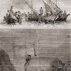Pearl divers off the coast of the Island of Ceylon in the 18th century, from Les