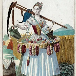 A peasant woman. Engraving by Martin Engelbrecht (1684-1756)