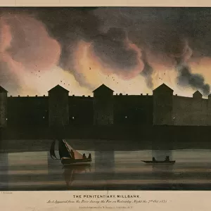 The Penitentiary, Millbank, London, as it appeared from the river during the fire on the night of 7 October 1835 (coloured engraving)