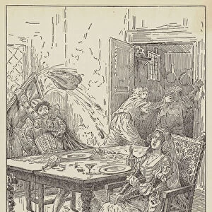 Petruchio entertains his wife at dinner (litho)