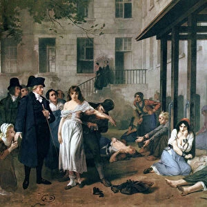 Philippe Pinel (1745-1826) releasing lunatics from their chains at the Salpetriere asylum in Paris in 1795 (colour litho)