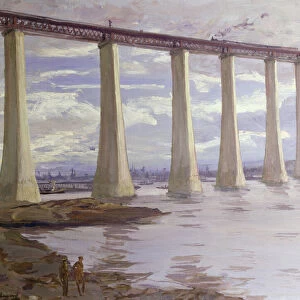 The Piers, Forth Bridge with the Grand Fleet in the Distance, 1917 (oil on canvas)