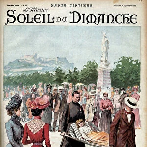 A pilgrimage to Lourdes. A disabled child is taken into a stretcher in Lourdes waiting for a miraculous war. From a Caplain watercolour. Engraving in "Le sun-du-dimanche", September 24, 1899