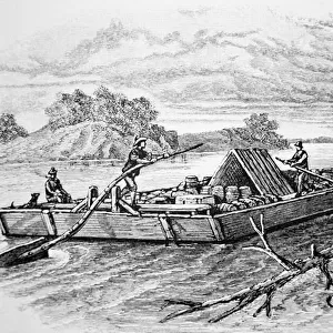 Pioneer flatboat on the Mississippi River, c. 1840 (engraving)