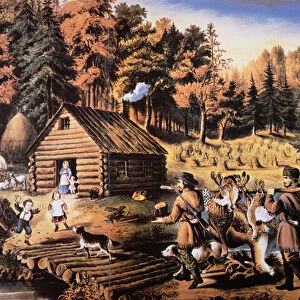 Pioneers home in the American wilderness, 1867 (colour litho)