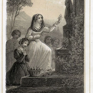 A very pious young Italian woman pays tribute to the Virgin Mary by giving her an olive