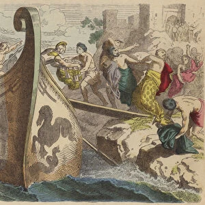 Pirates in Ancient Greece (coloured engraving)