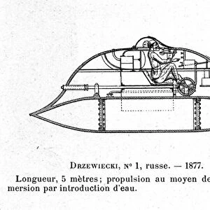 Plate representing the submarine Drzewiecki 1, a pedals submarine designed by inventor