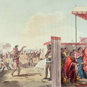 Playing the Hohlee, from A Mahratta Camp, 5th April 1813 (colour engraving)