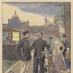 Police cyclist and river policeman, Paris (colour litho)