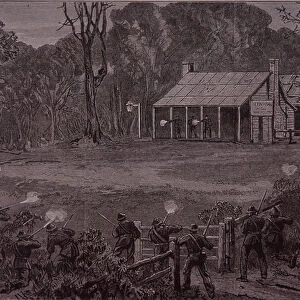 Police open fire on the Kelly Gang in the Glenrowan Hotel, 28 June 1880 (engraving)