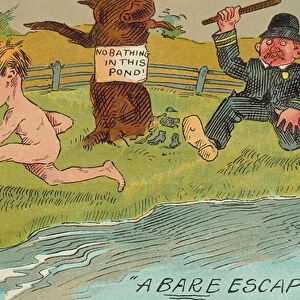 Policeman chasing off a naked man for swimming in a pond (colour litho)