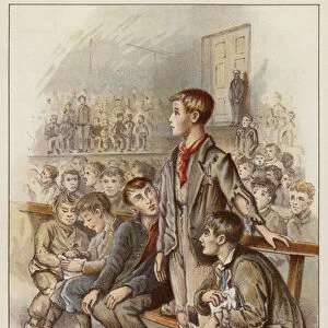 Poor homeless boy at a waifs supper standing up to signal his wish to enter a Dr Barnardos childrens home (chromolitho)