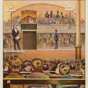 Poor homeless children enjoying a Punch and Judy show at a Dr Barnardos supper, late 19th Century (chromolitho)