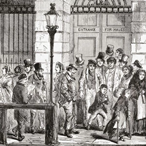 Poor people waiting at a hospital door in early 19th century London, England