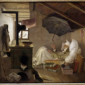 Poor poet An old man lies in an attic. Painting by Carl Spitzweg (1808-1885) 1839. Dim. 0