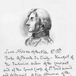 Portrait of Admiral Horatio Nelson with his handwriting (engraving) (b / w photo)