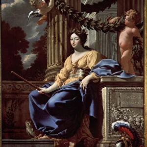 Portrait allegorique d Anne d Autriche (1601-1666) (Allegoric portrait of Anne of Austria). La reine de France representee en deesse Minerve (Athena) entouree de ses attributs (casque, bouclier, chouette et ceinture avec le masque de Meduse)