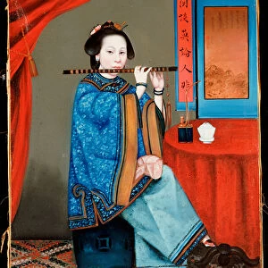 Portrait of a Court Lady Seated, in a Blue Robe, Playing the Flute