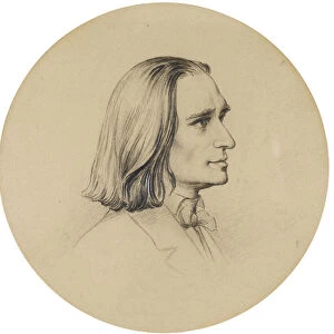 Portrait du compositeur Franz Liszt (Portrait of the Composer Franz Liszt (1811-1886)) dessin de Friedrich Preller l ancien (1804-1878) Diam 14, 5 cm Collection privee