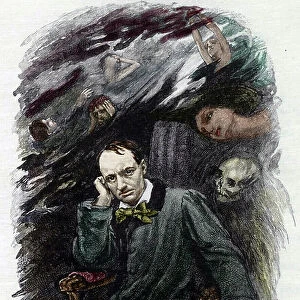 Portrait of the French poet Charles Baudelaire (1827-1861) surrounds his ghosts (Representation of french romantic poet Charles Baudelaire surrounded by ghosts)