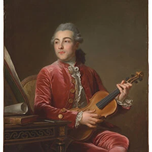 Portrait of a gentleman, half-length, seated in a red velvet jacket with a violin