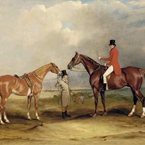 Portrait of John Drummond on a hunter with a groom holding his second horse