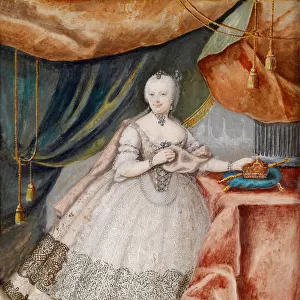 Portrait de l imperatrice Marie Therese d Autriche (1717-1780) en longue robe a dentelle. Oeuvre anonyme, aquarelle sur parchemin, vers 1740. Art autrichien, 18e siecle, Art rococo. Collection privee
