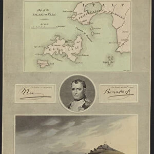 Portrait of Napoleon Bonaparte with a map and a view of Elba (colour litho)