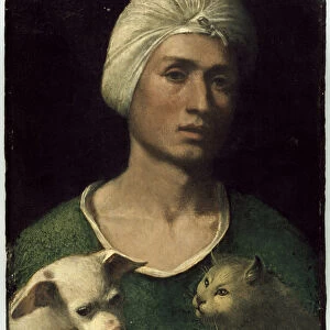 Portrait of a Young Man With a Dog and a Cat (oil on panel)
