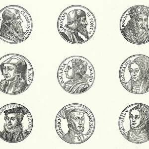Portraits of popes and royalty (engraving)
