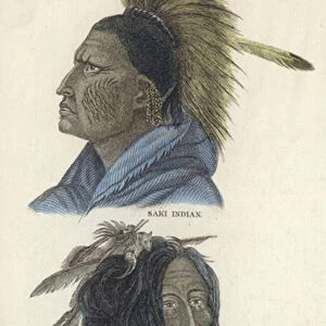 Portraits of a Saki Indian and a Blackfoot Indian (colour engraving)