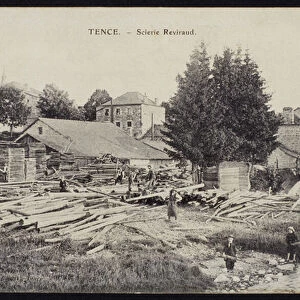 Postcard depicting the sawmill Reviraud in Tence, Haute-Loire, c. 1900 (b / w photo)