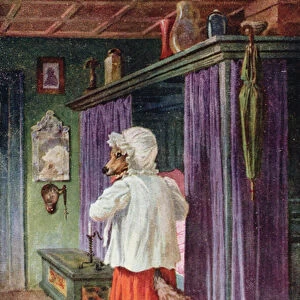 Postcard depicting the wolf disguised as Little Red Riding Hoods grandmother (colour litho)
