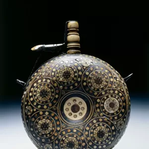 Powder flask, c. 1620-50 (walnut with horn, bone, brass & iron)