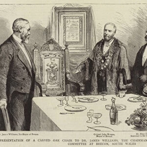 Presentation of a Carved Oak Chair to Dr James Williams, the Chairman of the National Eisteddfod Committee at Brecon, South Wales (engraving)